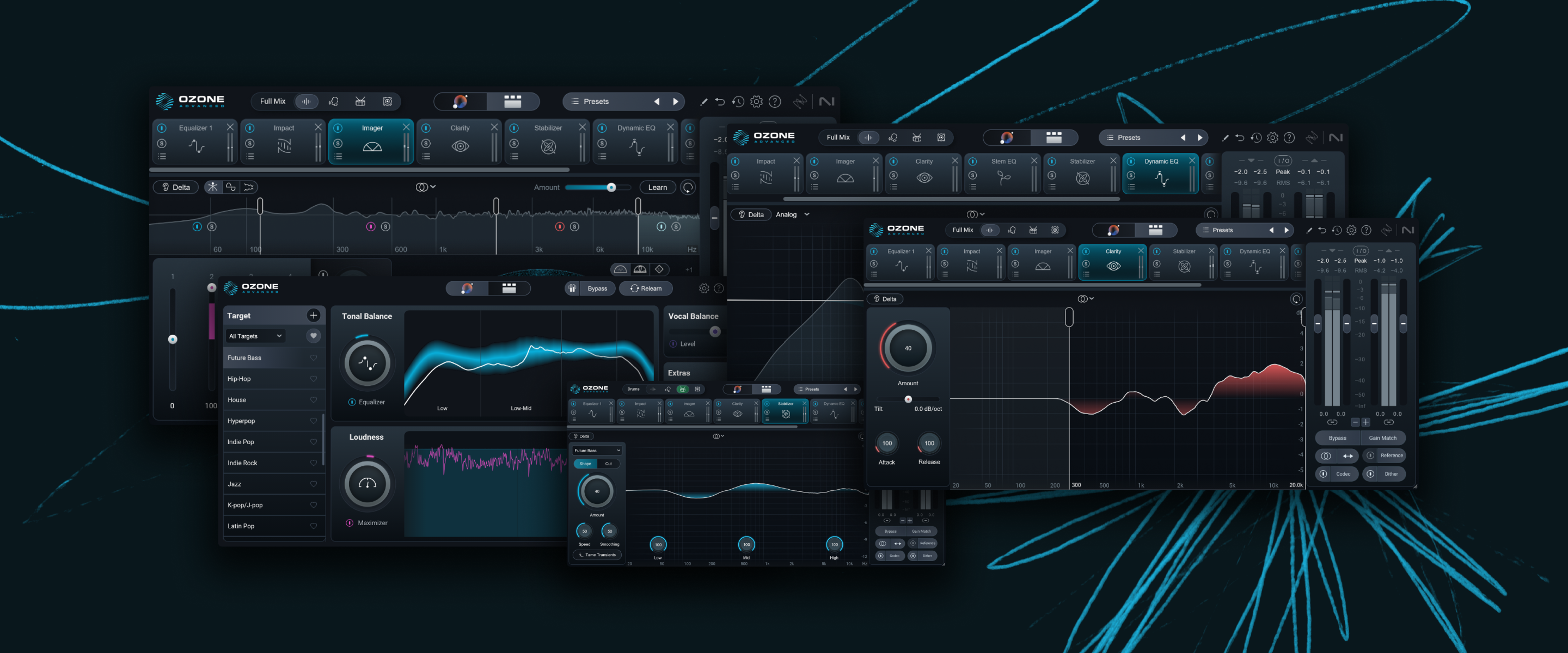 Various screenshots of the iZotope Ozone 12 plugin